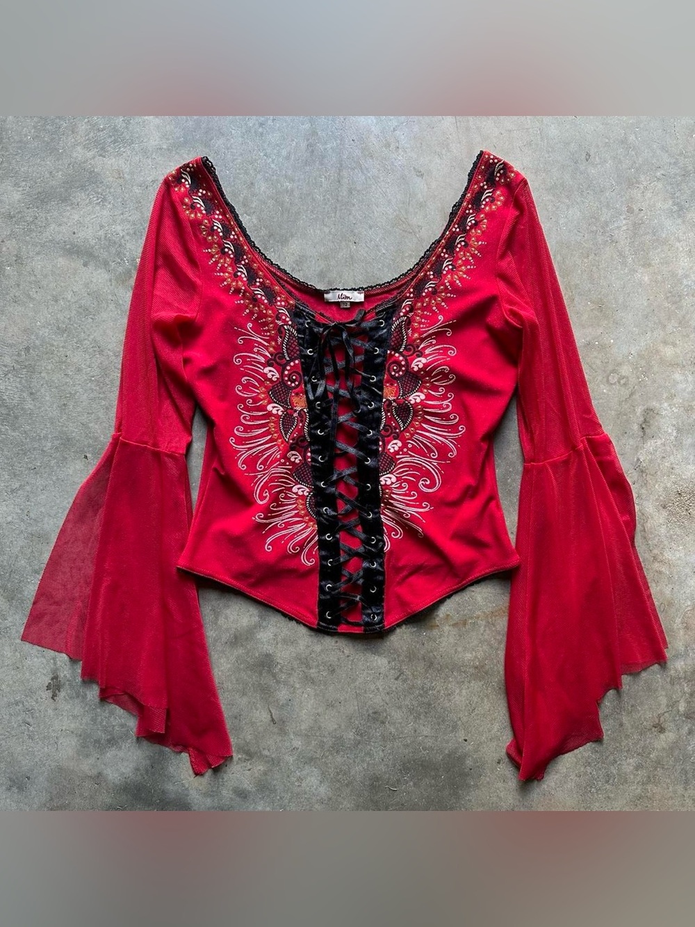 Red mesh bell sleeve corset top